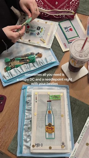 weekly needlepoint nights >>> yapping and trying to finish our projects #needlepoint #needlepointtiktok #wip #ndlpt #needlepointcanvas