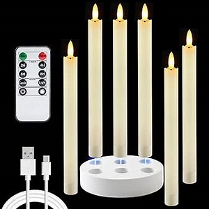 Homemory Rechargeable Flameless Taper Candles, Real Waxy LED Candlesticks Flickering, Battery Operated Candles with Remote Timer, 9.6 Inches for Home Wedding Christmas Decor, 6 Pcs, Ivory