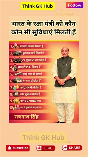 भारत के रक्षामंत्री को मिलने वाली सुविधा 😱📌 Facilities for the Defence Minister #shorts #gk #yt