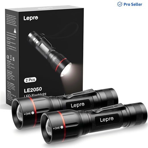 Lepro 2-Packs LED Flashlights with Clip , LE2050 High Lumen, 5 Lighting Modes, Zoomable Waterproof Lightweight Flashlights for Emergencies,Camping, Powered by AAA Battery