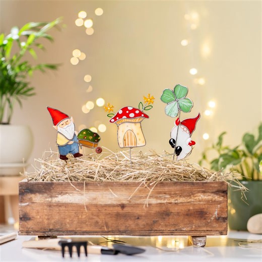 Fairy Garden Plant Stakes Stained Glass Gnome Mushroom Miniature Decor Gift - Etsy