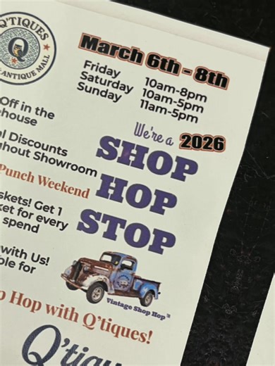 Come Shop Hop with us at Q’tiques! 🛻✨ March 6–8 we’re a 2026 Shop Hop Stop with 25% off in the warehouse, raffle tickets for every $10 spent, and lunch while you shop vintage and handmade finds in McHenry. #DoMoreInAYear #shophop #funkyfinds #thriftfinds #eclecticdecor