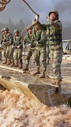Chinese soldiers conduct a floating bridge construction drill.