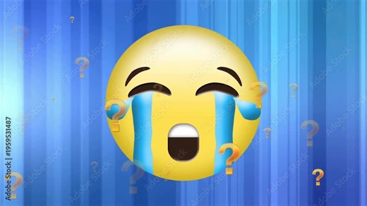 Animation of crying emoji icons and question marks on blue background