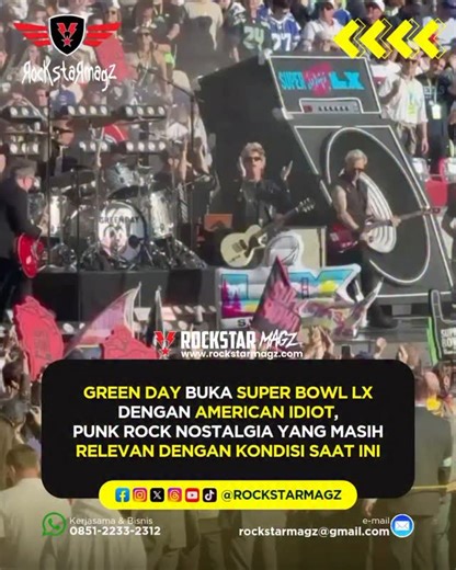 🇮🇩 RCKSTRMGZ on Instagram: "Super Bowl LX resmi dibuka dengan ledakan nostalgia dan energi punk rock. Green Day tampil sebagai pembuka opening ceremony pada Minggu, 8 Februari 2026, di Levi’s Stadium, Santa Clara, California. Buat trio asal East Bay ini, panggung Super Bowl terasa seperti “pulang ke rumah”. Billie Joe Armstrong, Mike Dirnt, dan Tré Cool membuka penampilan lewat medley cepat dari era album American Idiot. Lagu-lagu seperti “Holiday”, “Boulevard of Broken Dreams”, dan tentu saja