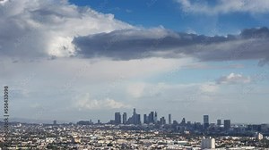 Los Angeles skyline, zoom in on downtown city buildings. Timelapse.