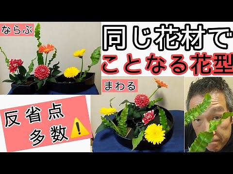 【よくわかる生け花】同じ花材でことなる花型いけてみよう！ いけばな小原流 ならぶかたち まわるかたち ガーベラ ダリア エメラルドウェーブ 始めよういけばな レッスン！