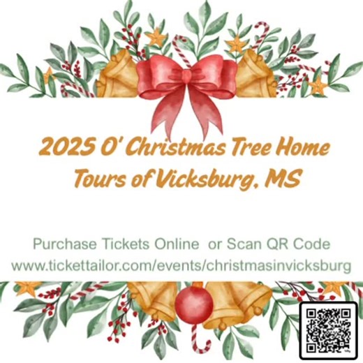 🎄 Announcing the 2025 O'Christmas Tree Home Tours of Vicksburg, MS! 🎄 ✨Celebrate the season in true Vicksburg style! The 2025 O'Christmas Tree Home Tours will feature 12 beautifully decorated historic homes, each adorned with dazzling trees, twinkling lights, and timeless holiday charm. This beloved tradition offers a warm glimpse into Vicksburg’s history, hospitality, and holiday spirit. 🎄Inspired by Mahala Roach, who was the first Mississippian to bring a Christmas tree into her home 🎄 We 