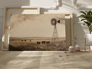 Western Prairie Cattle and Windmill Canvas Art – Rustic Sepia Print for Farmhouse, Ranch, or Country Home Decor - Etsy