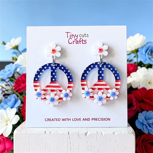 Boho Peace Sign Earrings: 4th of July Red White and Blue Daisy Earrings - Etsy