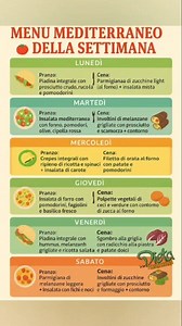 🔥 Vuoi restare in forma, sazio e senza attacchi di fame? La verità è che non serve digiunare o rinunciare a tutto per sentirsi bene: basta scegliere i cibi giusti! 🥗🍊 👉 Con il menu mediterraneo settimanale che vedi qui sotto avrai colazioni, spuntini e pasti già pensati per te: ✅ Gustosi ma leggeri ✅ Ricchi di energia e nutrienti ✅ Facili da preparare e senza ingredienti strani 💡 Così puoi dire addio alle “diete da fame” e goderti piatti sani che ti saziano e ti aiutano a rimanere in forma 