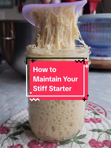 Maintaining your sourdough stiff starter is a little more work than liquid starter but it pays off big time! Plus, it's fun like play-doh with a purpose. 🍒 I maintain Cherry with a 1:2:1 ratio using bread flour. starter:flour:water When I'm not baking I bring the total grams down to 60g 15g starter:30g flour:15g water When I'm baking I adjust ratios accordingly and often build levains (offshoot starters) so I can play with ratios and ingredients. *You must knead this starter a bit, the snail an