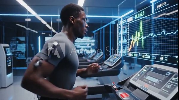 Advanced Physiological Testing of an Athlete Running on a Treadmill in a High-Tech Sports Science Laboratory, Monitoring Performance Data for Optimal Health and Fitness Analysis