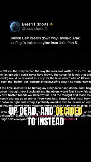 Hamon Beat breaks down why Hirohiko Araki cut Fugo's traitor storyline from JoJo Part 5.