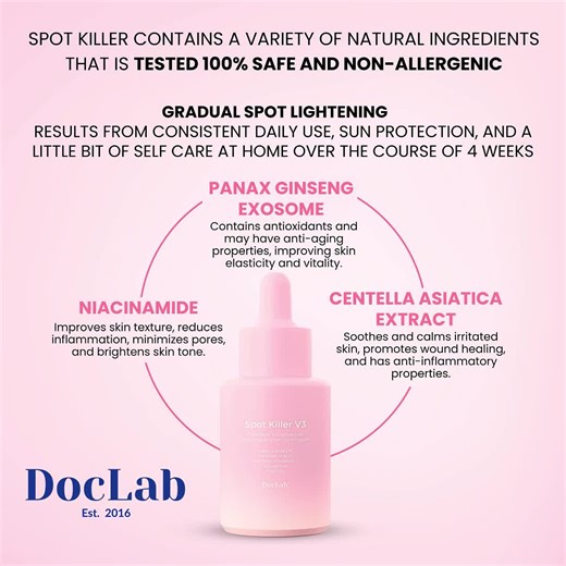✨ DocLab's Spot Killer Korean Ampoule ✨ Just one drop morning and night gives your skin rich nutrition, making it whiter and more radiant! 💖 Safe for Sensitive Skin Tested on over 2100 women, Spot Killer is 100% safe and non-irritating. 💎 Medical-grade, Made in Korea A non-invasive, needle-free solution delivering salon-level results at a fraction of the cost. 🌟 All-in-One Skincare Spot Killer replaces serum, toner, moisturizer, and more—saving you time and money with incredible results. ✨ Ke