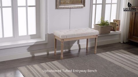 LUE BONA Upholstered Fabric Vanity Bench Seat, Makeup Stools for Vanity, Square Tufted Ottoman Bench with Carved White Legs for Bedroom Living Room, Linen Color