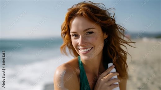 a happy redhead woman applying sunscreen lotion on her body at the beach