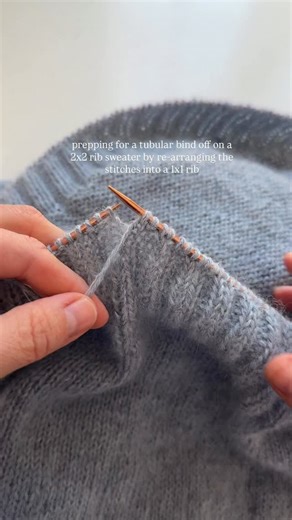20K views · 29 reactions | Here’s how I am prepping for a tubular bind off on the hem of my latest sweater design that has a 2 x 2 rib. In order to complete a tubular bind off, the stitches in a 2 x 2 rib need to be rearranged in a 1 X 1 rib. @drops Nord + kid silk #knitknitknit #knittingvideo #knittingtutorial #knittingpatterns | Ashley Lillis | Facebook