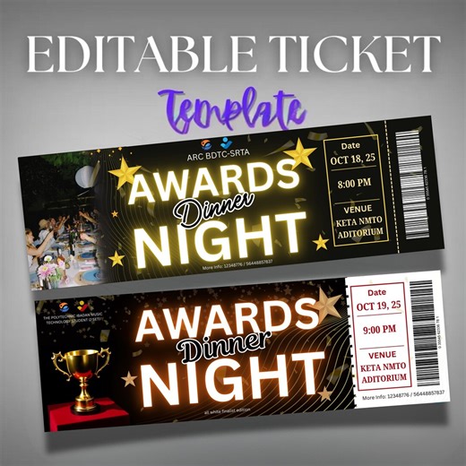 Editable Awards Ticket Template Printable Entry Pass With Stub, Event Ticket Design, Ceremony Invitation Pass, Instant Download