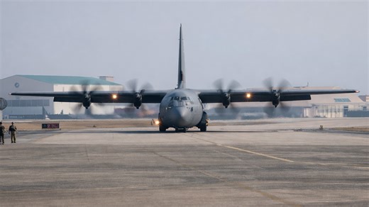 US military transport plane preparing for takeoff