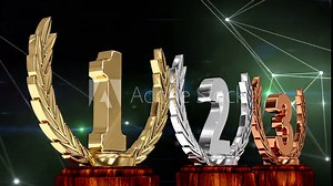 Animation of first, second and third place award trophies at floodlit winners' prize giving ceremony