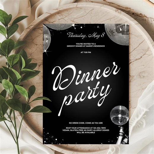 Groovy Dinner Party Invitations | Disco Ball Party Bundle, Retro Chic Canva Templates (2 Versions) - Etsy