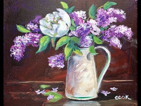 How to Paint Lilacs in Vase by Ginger Cook Beginners Acrylic Painting Tutorial