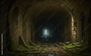 A dark, foreboding tunnel stretches into the unknown, its walls lined with ancient moss and crumbling bricks