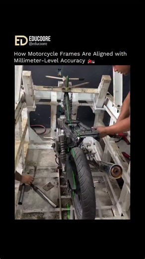 Edu Coore on Instagram: "Achieving millimeter-level accuracy in motorcycle frame alignment is a sophisticated marriage of rigid stabilization and high-precision measurement. The process begins by securing the frame onto a heavy-duty steel jig (or "chassis table"), which serves as a fixed datum point to prevent any flexing during the procedure. Technicians then employ laser-guided alignment systems or coordinate measuring machines (CMM) to project a perfectly straight theoretical centerline from 
