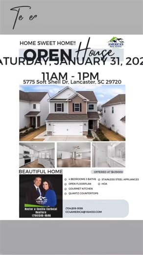 Hector Carbajal Realtor | Broker Owner | on Instagram: "¡OPEN HOUSE SATURDAY! Join us to see this Beautiful Home this Saturday, January 31 2026 11am-1pm ¡OPEN HOUSE SABADO! Está invitado a conocer esta hermosa casa este Sábado Enero 31 de 11am a 1pm 📍5775 Soft Shell Drive Lancaster SC 29720 Los esperamos!!!🏡 Para más información (704)540-4646. Listed by America’s Real Estate Group, Inc - Hector & Cecilia CarbajalHector CarbajalCASA HOGAR USAPeruanos en CharlotteHector Cecilia CarbajalLatinos u