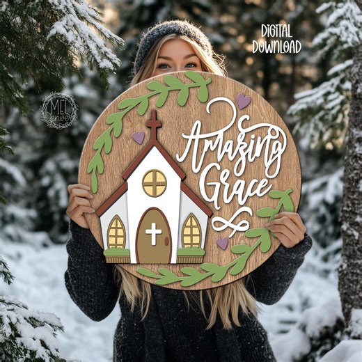 Amazing Grace With 3D Church Laser Cut File: Religious / Faith / Christmas Round Sign (SVG DXF Digital Download) - Etsy