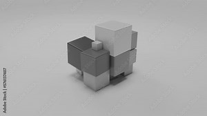 Abstract 3d animation of a large cube that splits into many cubes. Cubes begin to change size and turn into spheres. The idea of transformation and freedom of form. Perfect geometric shapes.