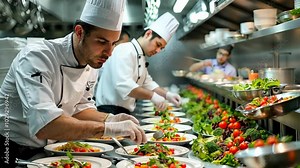 Chefs meticulously plating dishes in a bustling restaurant kitchen during a dinner service