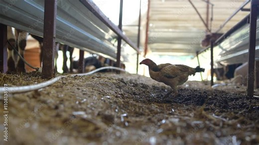 Chickens can be seen foraging in a barn, enjoying the warm sunlight during the day