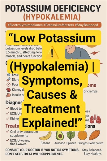 “Low Potassium ⚠️ (Hypokalemia) | Symptoms, Causes & Treatment Explained!” #trendingshorts #viral
