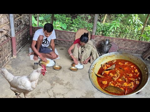 How They Cook Chicken Curry Purely in Village Style | Eating by Mother and Son