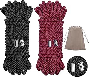 Soft Silk Rope with Storage Bag, 32 Feet/7MM, Wine Red+Black