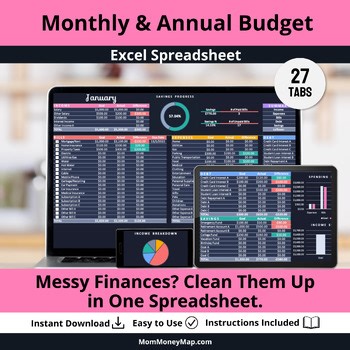 Monthly & Annual Budget Excel Spreadsheet Template - Dark Mode