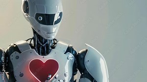 Robot holding heart and shield as symbol of ethical and responsible AI. AI ethics