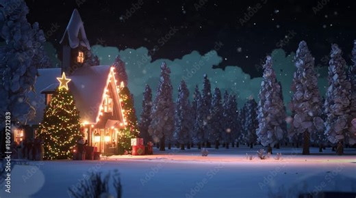 Santa Claus rides his sleigh pulled by reindeer through a snowy winter wonderland on Christmas Eve delivering presents to children around the world