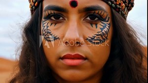 Young woman with tribal makeup is posing outside. Her face is the focus of the image, highlighting the intricate details of the makeup