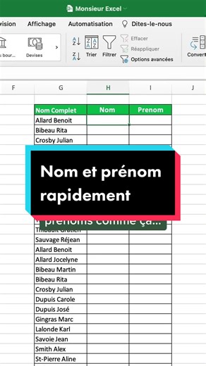Comment écrire les noms et prénoms rapidement sur Excel