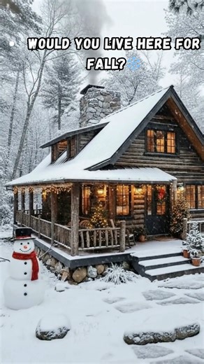 Winter cabin magic comes alive as heavy snow falls softly around this cozy log cabin glowing with warm holiday light. Fairy lights shimmer along the porch, smoke rises gently from the stone chimney, and tiny Christmas trees shine behind frosted windows. A smiling snowman waits quietly in the snow, guarding a place filled with peace, comfort, and slow winter moments. This cozy winter cabin, set deep in a snowy forest, captures everything we love about the holidays—warmth, stillness, and that feel