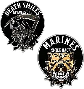 Military Gift Shop USMC Death Smiles Challenge Coin - 2.5" 3D Textured Marine Corps Bulldog & Grim Reaper - USMC Graduation & Retirement Gift - USMC Death Smiles Coin
