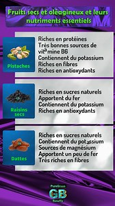 Fruits secs et oléagineux et leurs nutriments essentiels Les fruits secs et oléagineux sont des sources concentrées de nutriments indispensables à l’organisme. Riches en fibres, en bonnes graisses, en vitamines et en minéraux, ils contribuent à une alimentation équilibrée et fournissent une énergie durable tout au long de la journée. Amandes Riches en protéines Sources de bonnes graisses Très riches en vitamine E Bonne source de magnésium Excellentes en fibres Noix de cajou Sources de bonnes gra