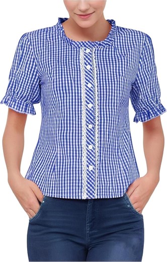 Generisch Trachtenbluse Damen Karo Oktoberfest Outfit Karierte Bluse Oberteil Trachten Hemd Große Größen Trachtenshirt Dirndl Traditionelle Karo Bluse Klassische Hemdbluse für Oktoberfest