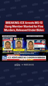 564K views · 10K reactions |  DEPORTED: ICE arrests high-ranking MS-13 gang member, wanted for MULTIPLE murders and on El Salvador’s “Top 100 Most Wanted” list, and his MS-13 associate, a foreign terrorist. ICE will hunt down and deport every last criminal illegal alien. | The White House | Facebook