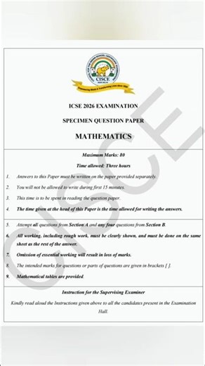ICSE X Mathematics Specimen Paper 2026🔥| Board Exam Must Watch! #icse #maths #shorts #ytshorts #exam