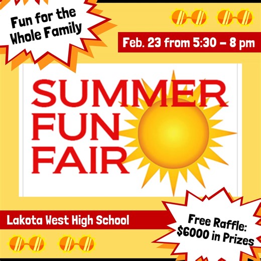 Have you marked your calendar for Lakota's Summer Fun Fair? It's coming up on Monday at Lakota West from 5:30–8 PM! Bring the whole family for an evening packed with summer excitement, featuring almost 100 exhibitors ready to share camps, activities, and programs your kids will love! ☀️🎨⚽🎭 And don’t forget… we’re hosting a FREE raffle with over $6,000 in prizes! 🤩✨ You definitely don’t want to miss this! Come explore, play, and plan your best summer yet! #WEareLakota | Lakota Schools | Distri