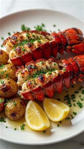 Buttery Grilled Lobster Tails with Crispy Potatoes 🔥 #healthybytes #foodie